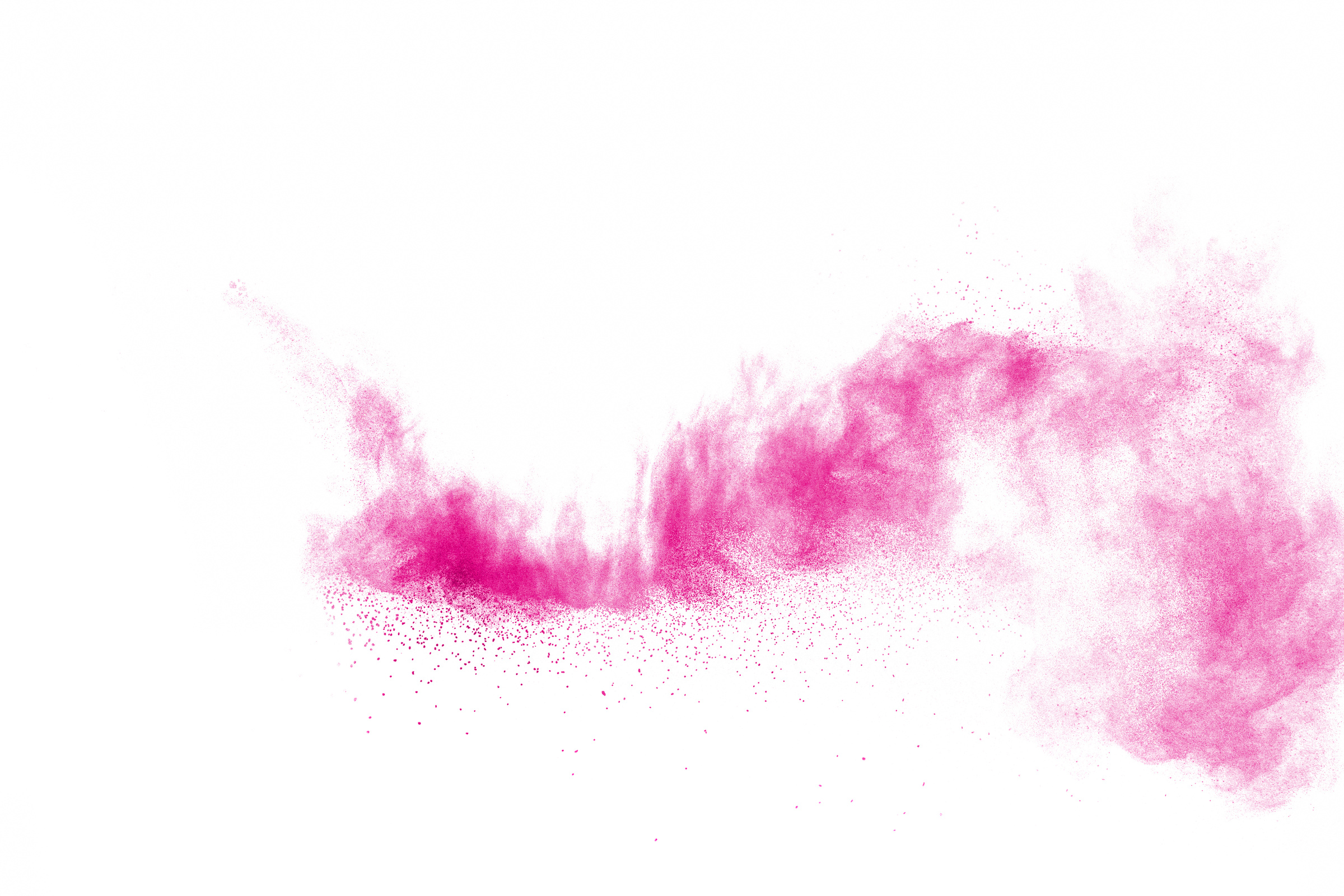 Pink powder explosion on white background.Pink dust splashing.